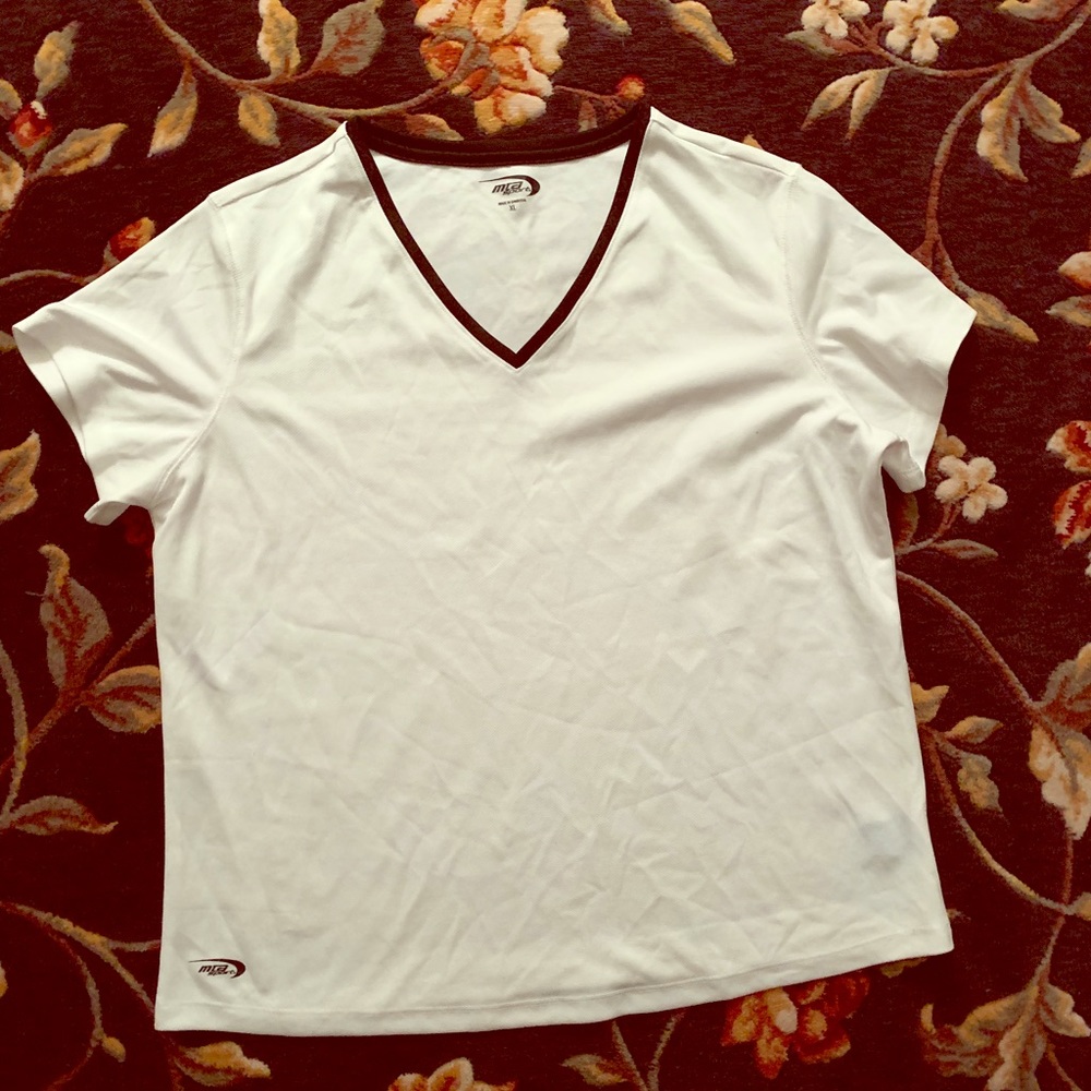 MTA sport white and black dry fit vneck shirt
